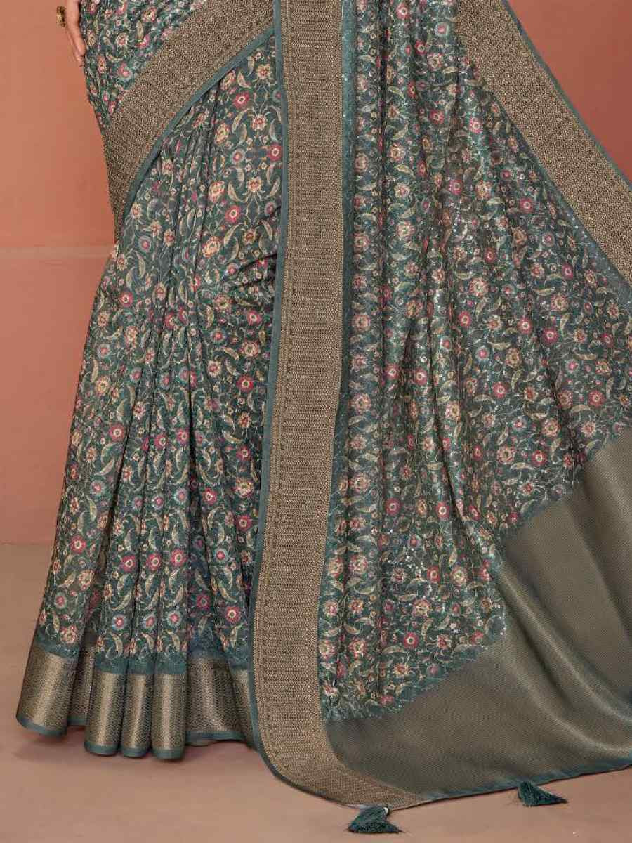 Gray Silk Embroidered Reception Party Heavy Border Saree