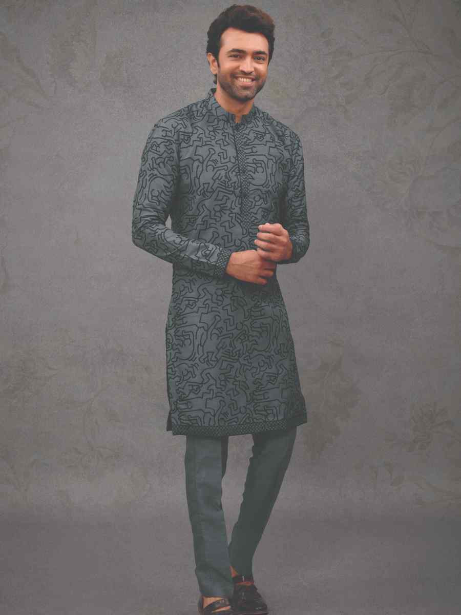 Gray Silk Woven Party Wedding Kurta