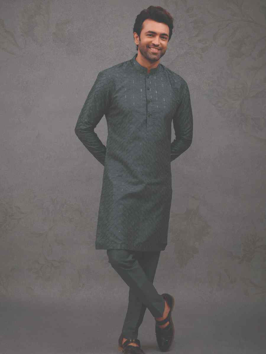 Gray Silk Woven Party Wedding Kurta