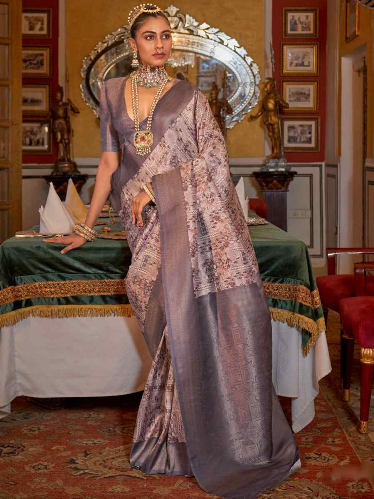 Gray Tusser Silk Handwoven Festival Wedding Heavy Border Saree