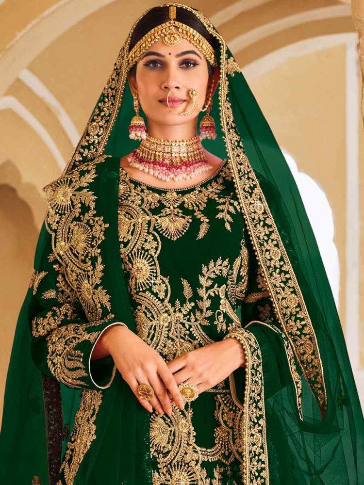 DARK GREEN VELVET WITH EMBROIDERY WORK & CAN CAN BRIDAL LEHENGA CHOLI  @Indian Couture