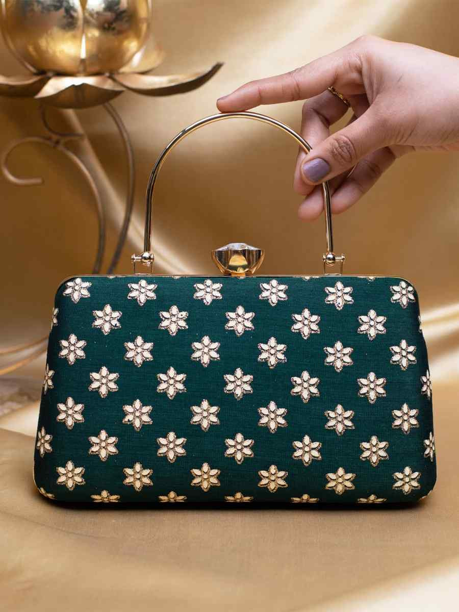 Green Art Silk Party Wear Embroidered Clutches