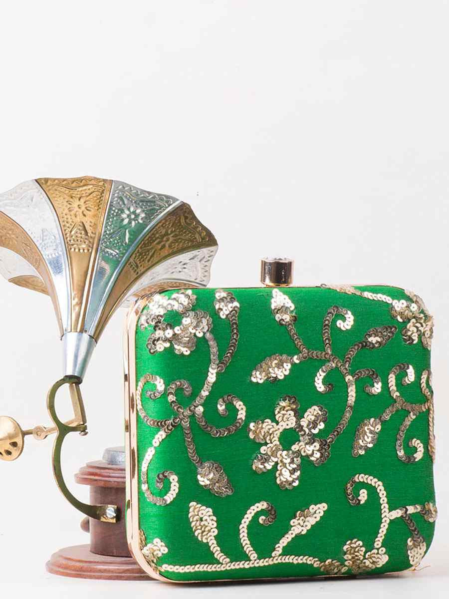 Green Art Silk Party Wear Embroidered Clutches