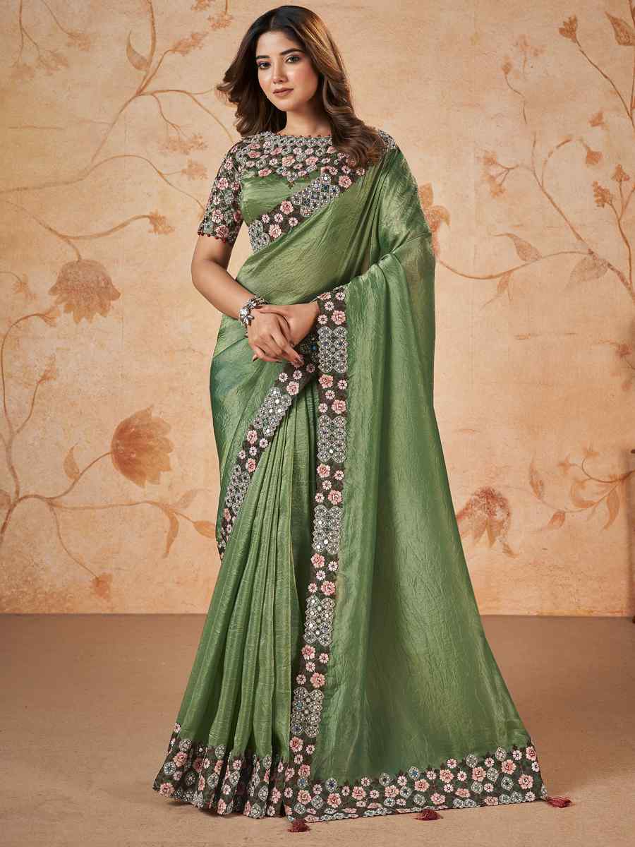 Green Banarasi Crush Silk Embroidered Festival Party Classic Style Saree