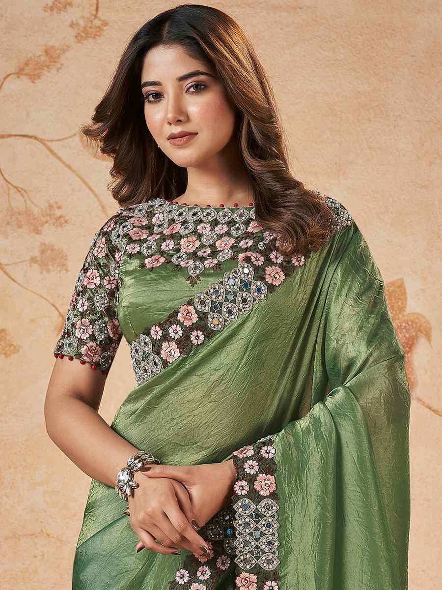 Green Banarasi Crush Silk Embroidered Festival Party Classic Style Saree