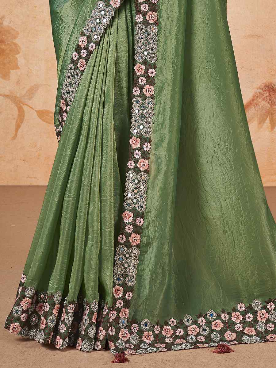 Green Banarasi Crush Silk Embroidered Festival Party Classic Style Saree