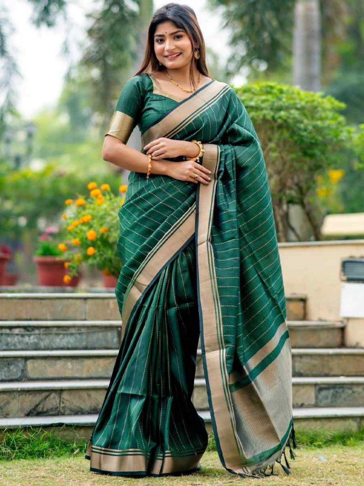 Green Banarasi Raw Silk Handwoven Festival Wedding Heavy Border Saree