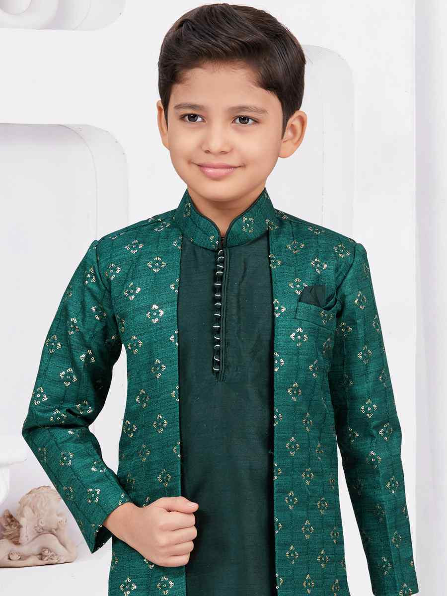 Green Banarasi Silk Embroidered Festival Wedding Kurta Pyjama Boys Wear