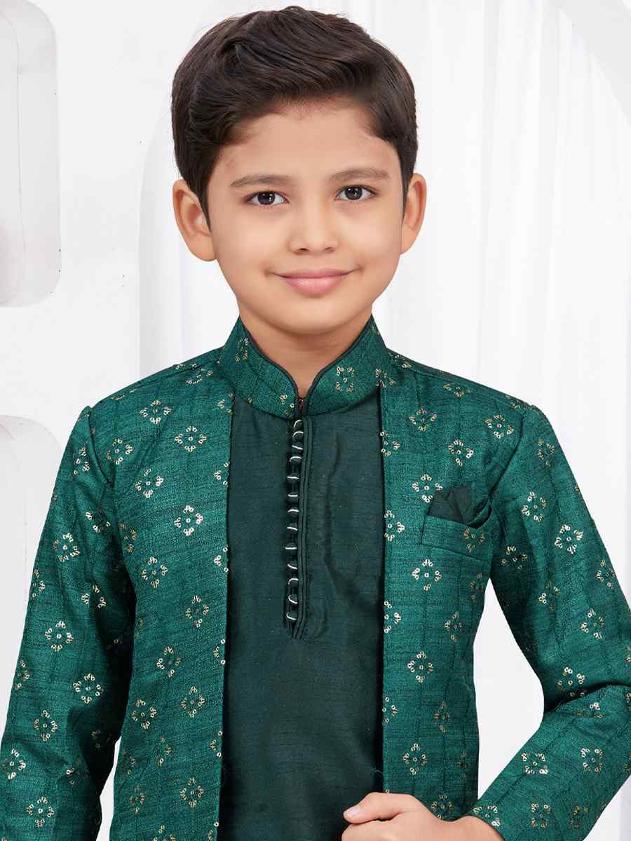 Green Banarasi Silk Embroidered Festival Wedding Kurta Pyjama Boys Wear