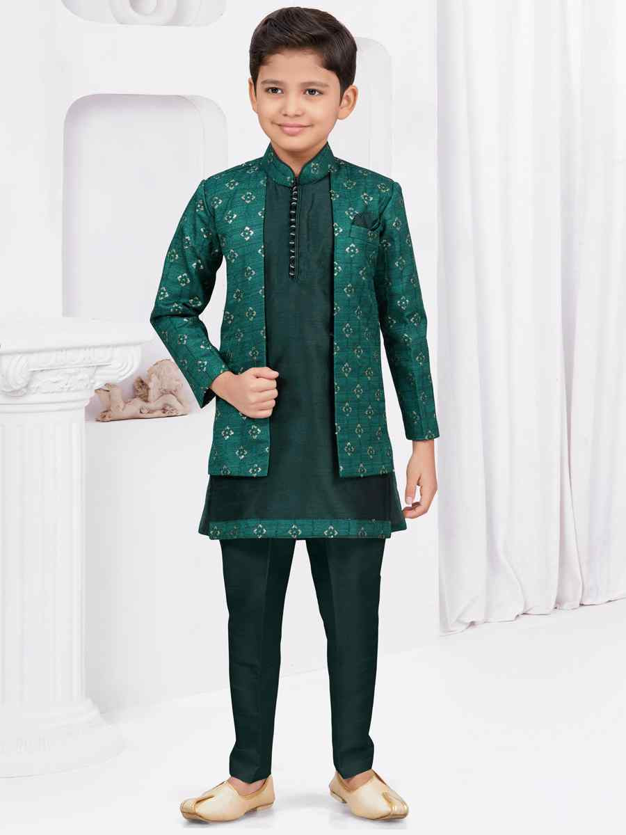 Green Banarasi Silk Embroidered Festival Wedding Kurta Pyjama Boys Wear