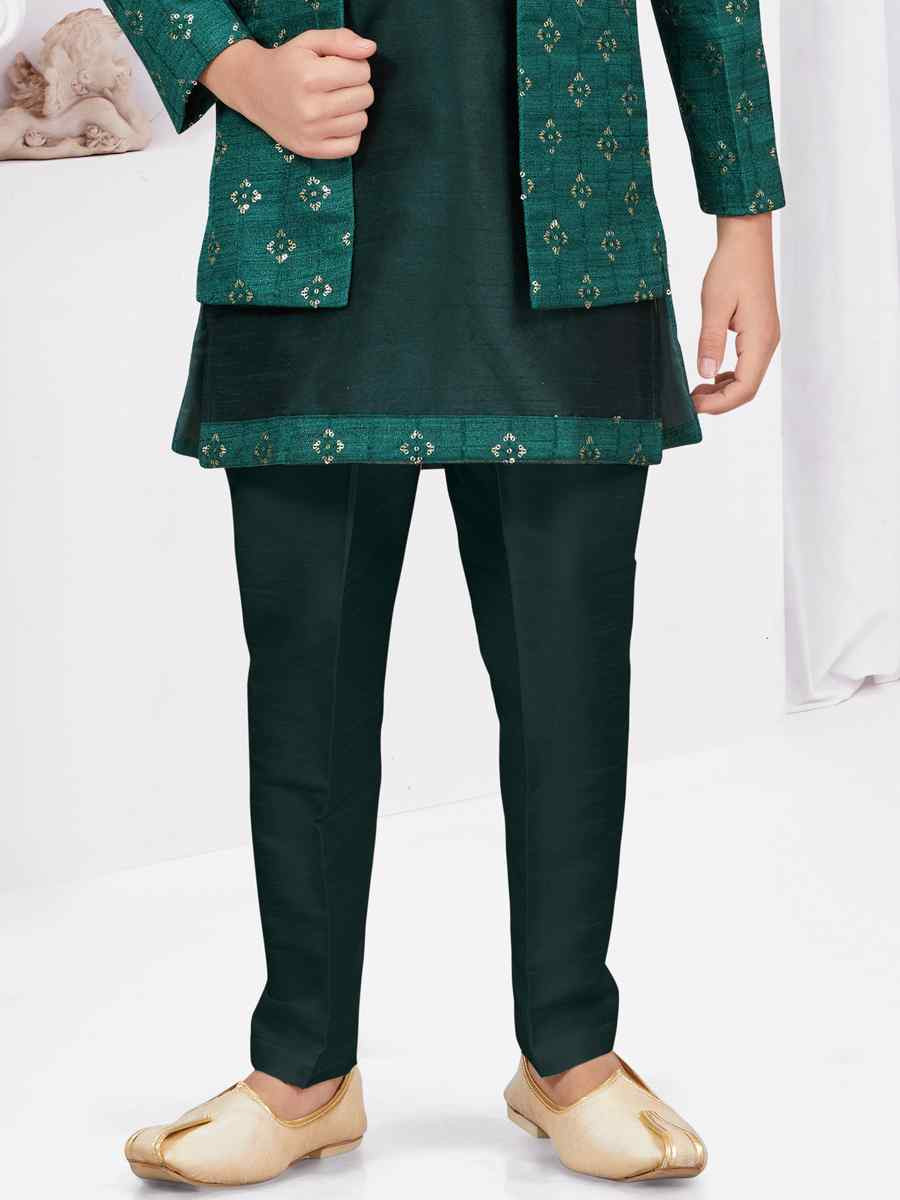 Green Banarasi Silk Embroidered Festival Wedding Kurta Pyjama Boys Wear