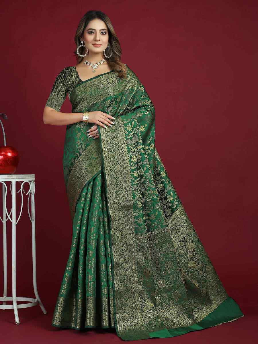 Green Banarasi Silk Handwoven Party Festival Heavy Border Saree