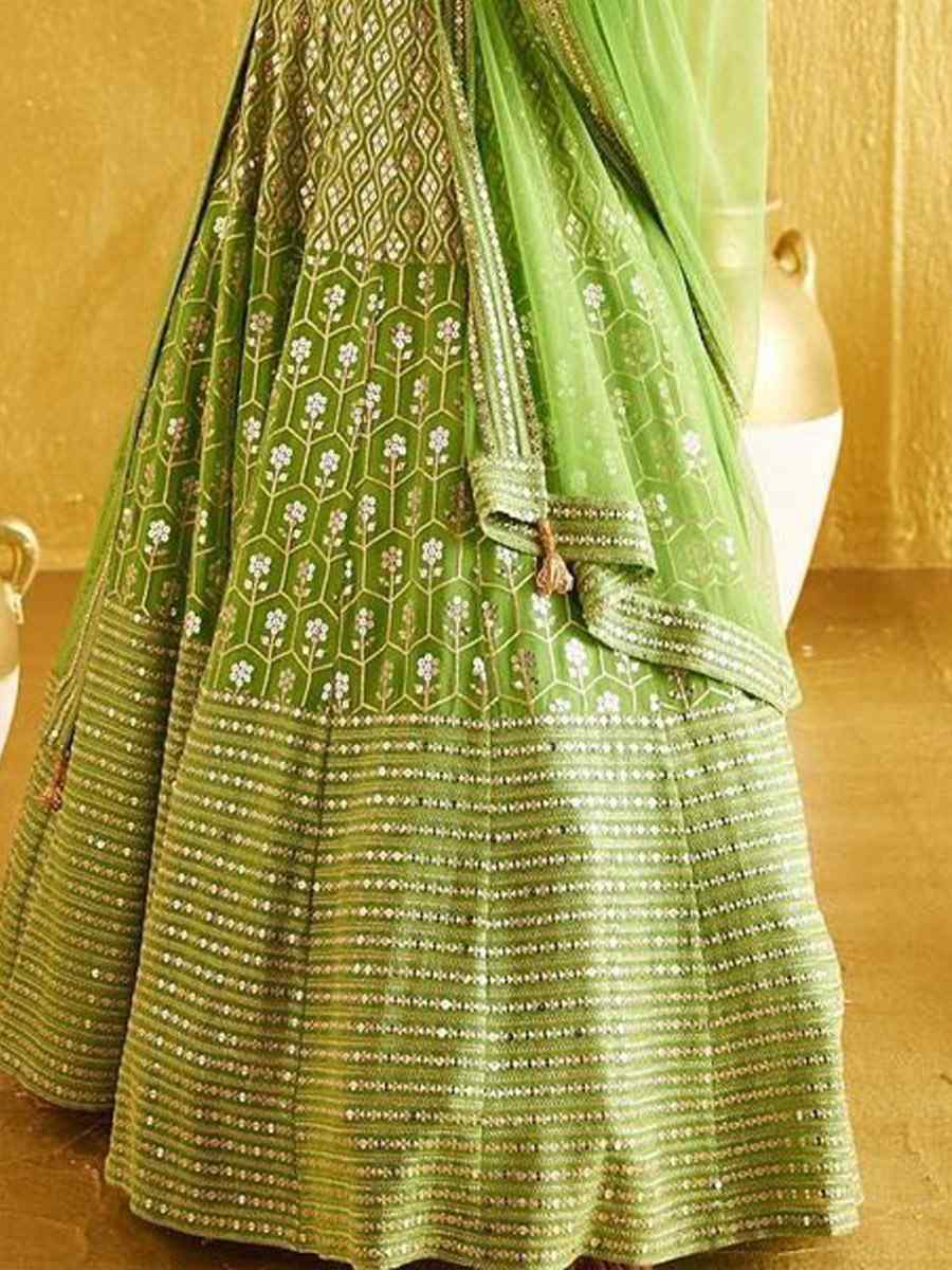 Green Banglory Silk Embroidery Reception Party Wear Heavy Border Lehenga Choli