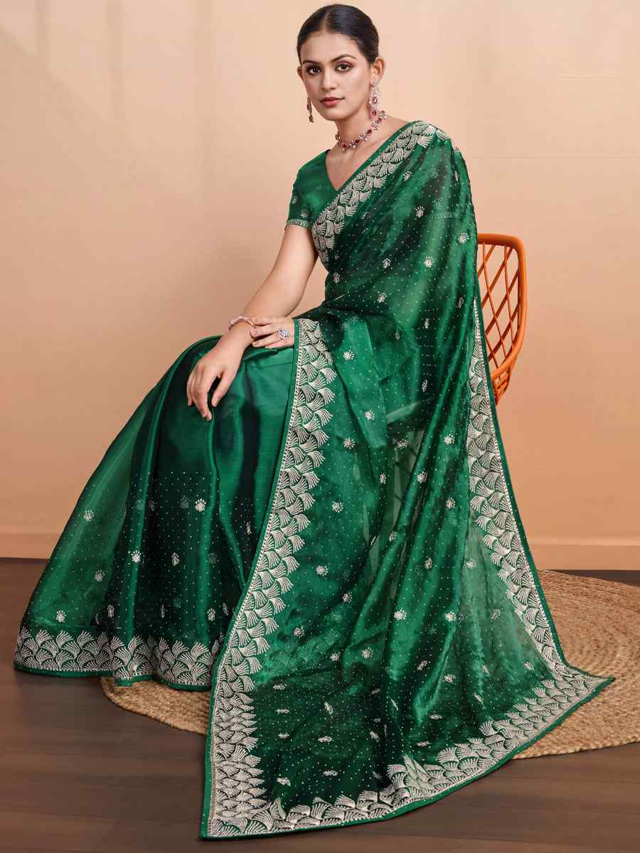 Green Blooming Burberry Embroidered Festival Party Heavy Border Saree