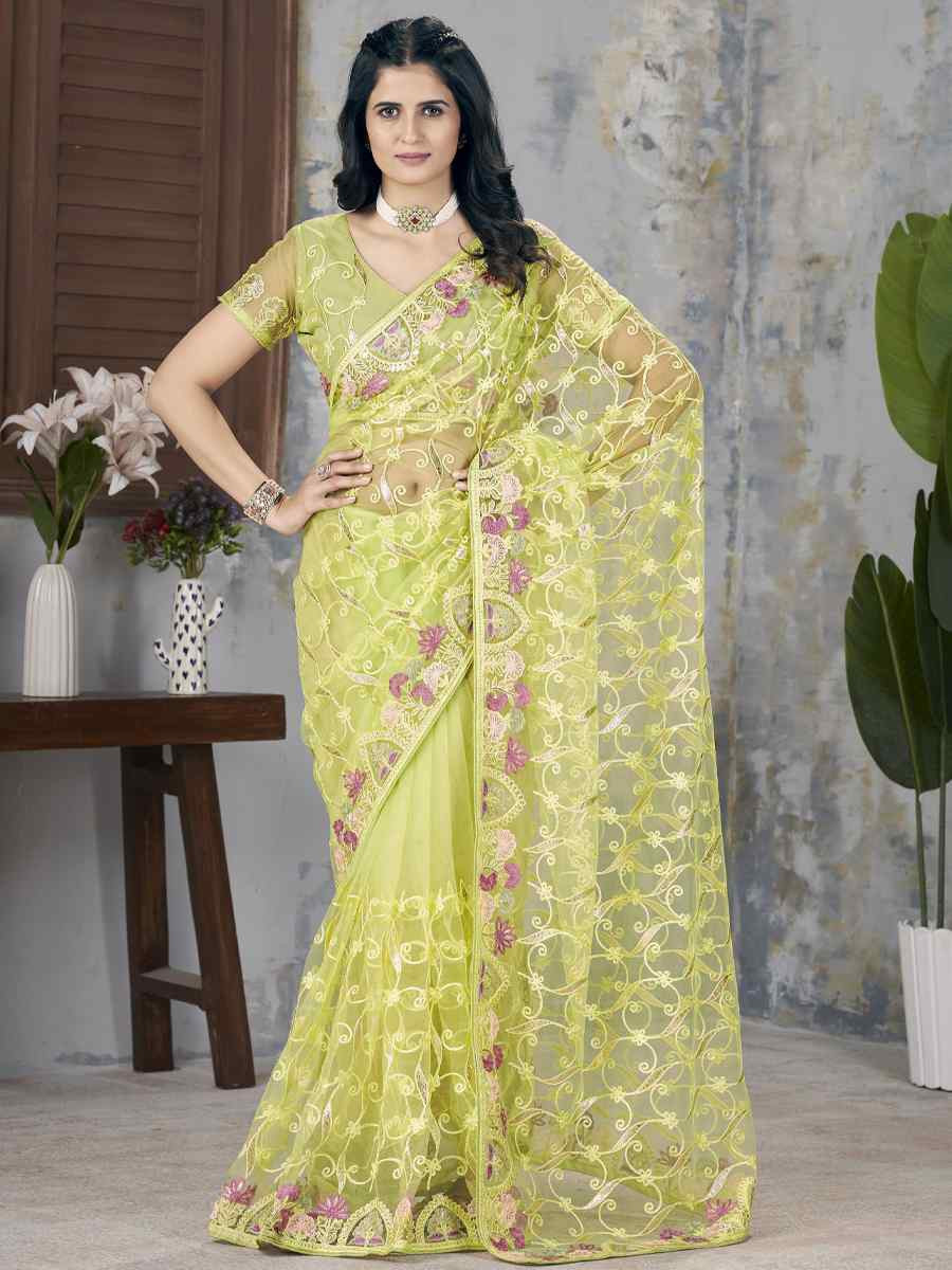 Green Butterfly Net Handwoven Festival Wedding Heavy Border Saree