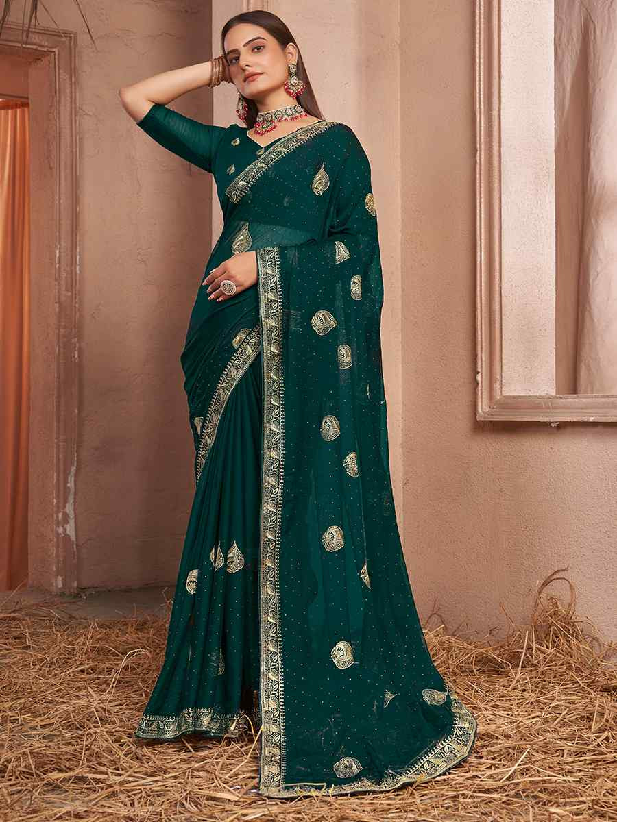 Green Chiffon Handwoven Festival Wedding Heavy Border Saree