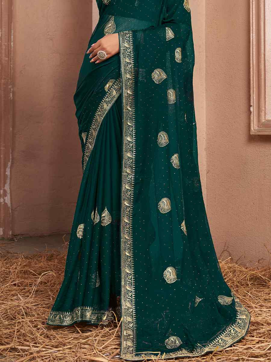 Green Chiffon Handwoven Festival Wedding Heavy Border Saree