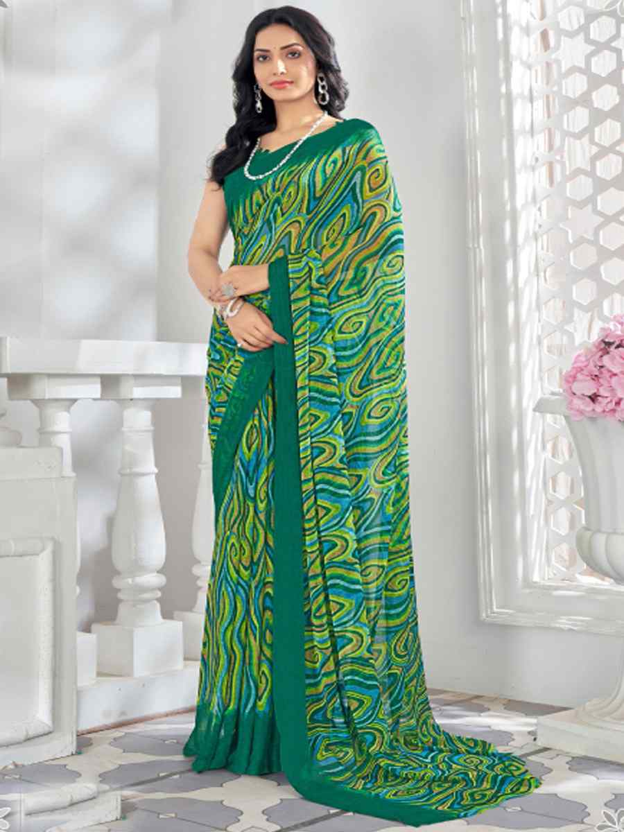 Green Chiffon Printed Casual Festival Contemporary Saree