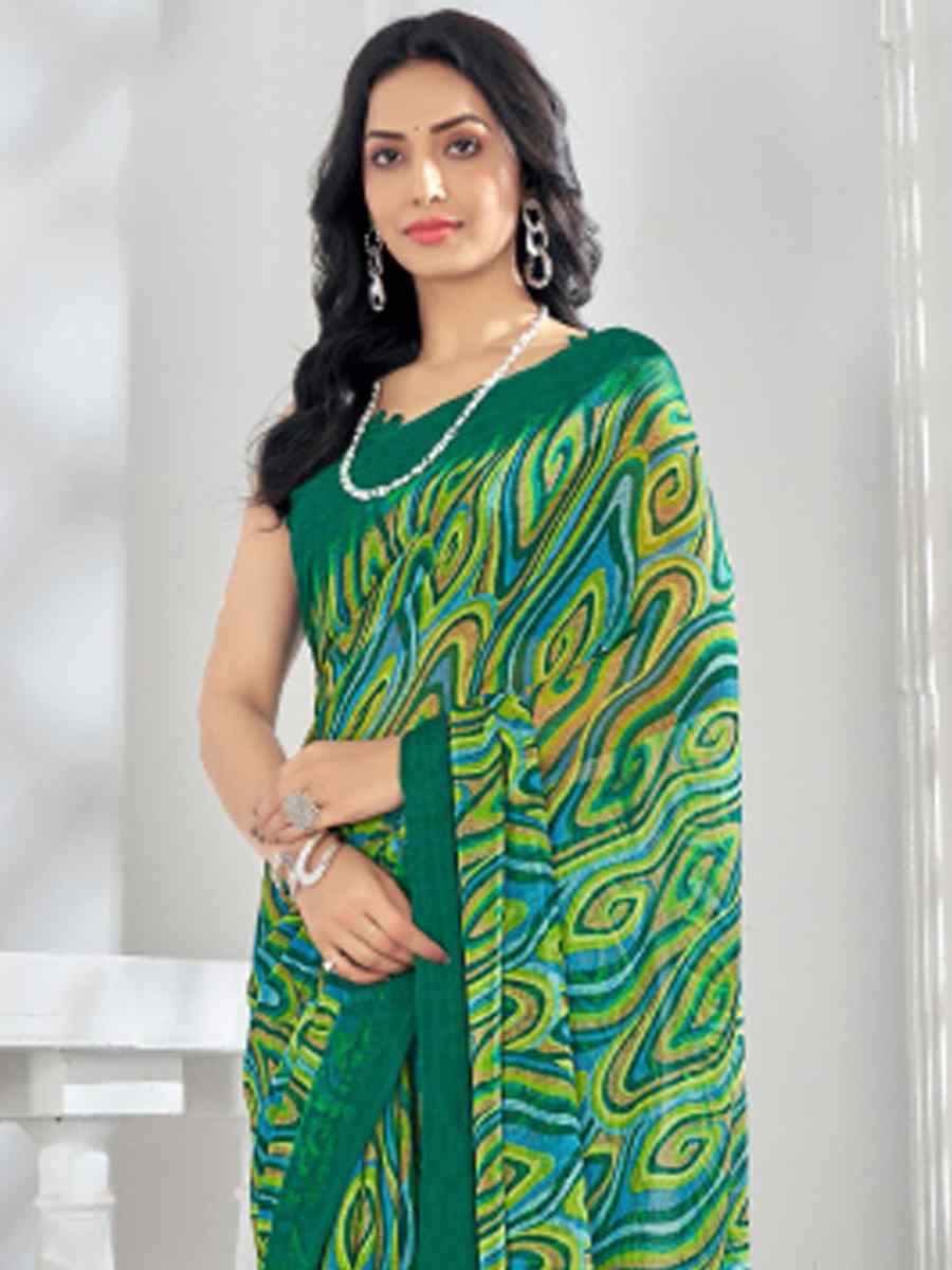 Green Chiffon Printed Casual Festival Contemporary Saree