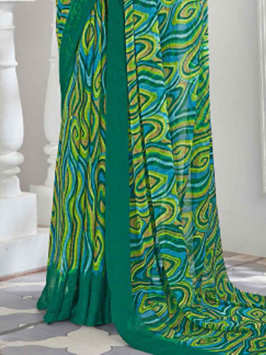 Green Chiffon Printed Casual Festival Contemporary Saree