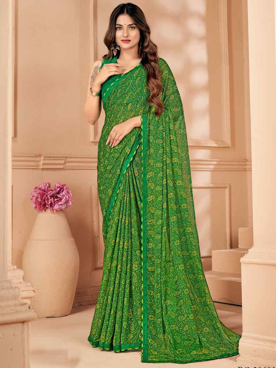 Green Chiffon Printed Festival Casual Contemporary Saree