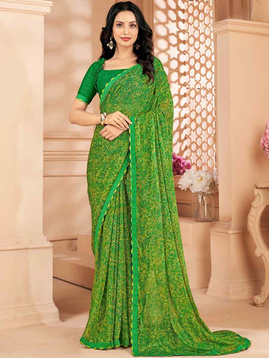 Green Chiffon Printed Festival Casual Contemporary Saree