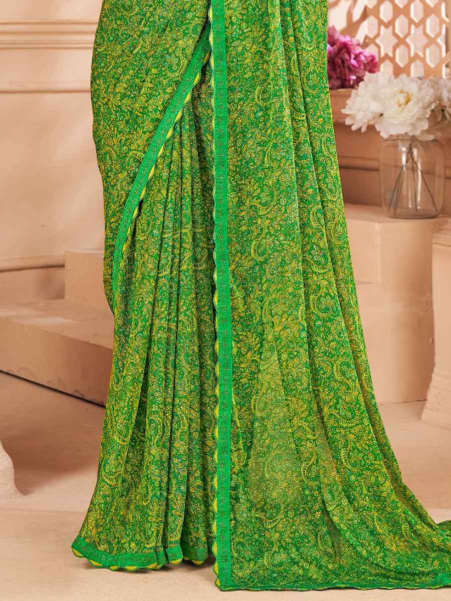 Green Chiffon Printed Festival Casual Contemporary Saree