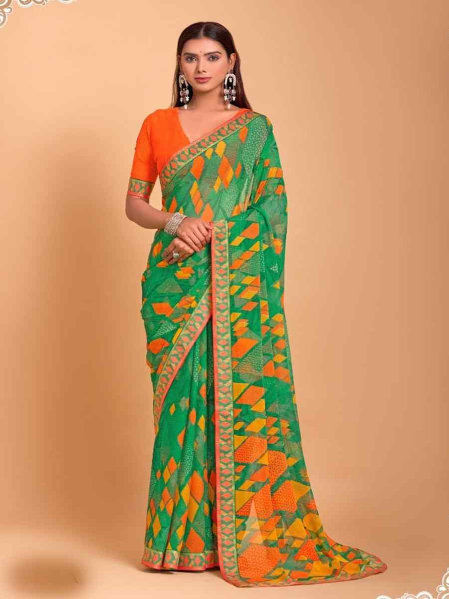 Green Chiffon Printed Festival Casual Contemporary Saree