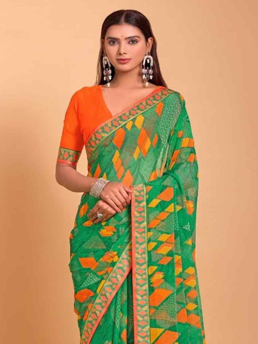 Green Chiffon Printed Festival Casual Contemporary Saree