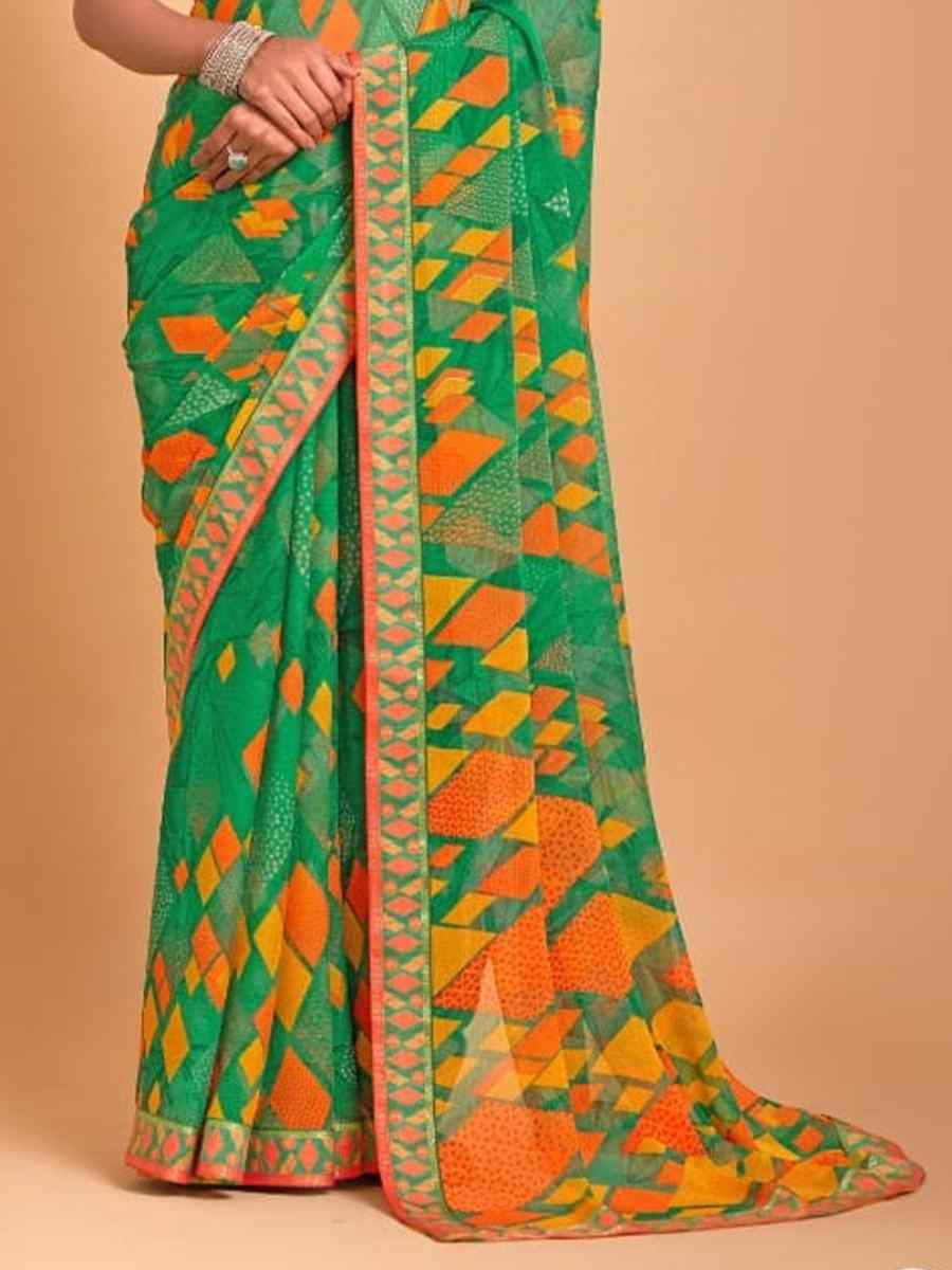 Green Chiffon Printed Festival Casual Contemporary Saree