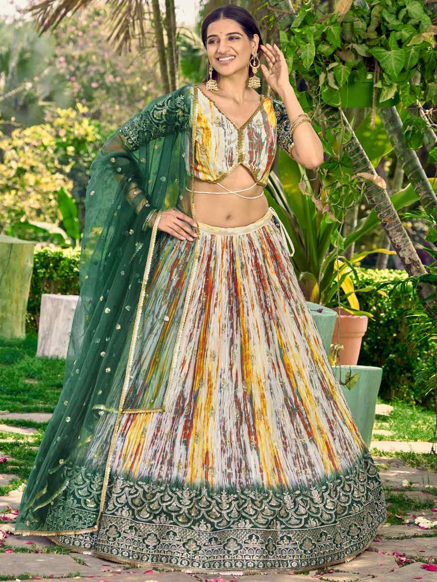 Green Chinon Embroidered Bridesmaid Wedding Heavy Border Lehenga Choli