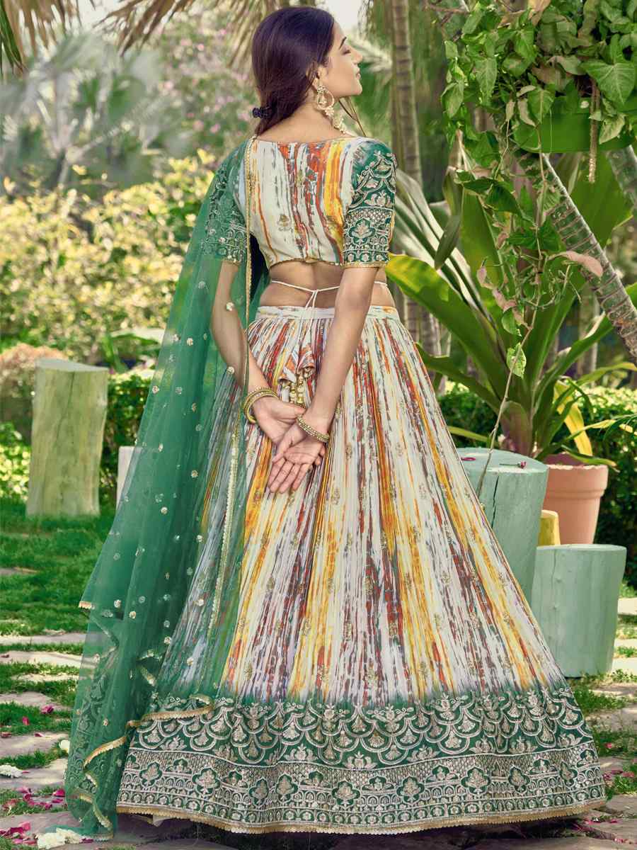 Green Chinon Embroidered Bridesmaid Wedding Heavy Border Lehenga Choli