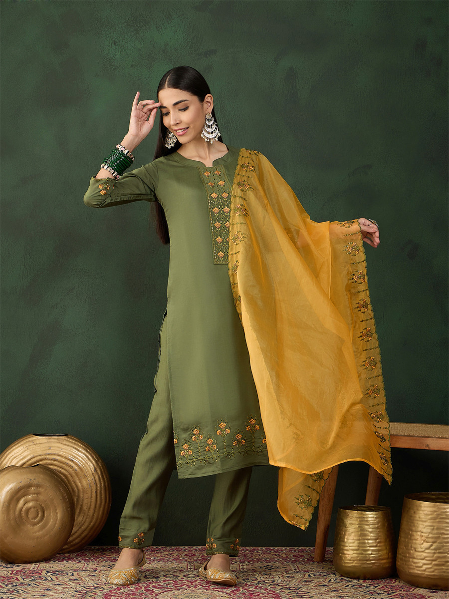 Green Chinon Embroidered Festival Casual Ready Pant Salwar Kameez