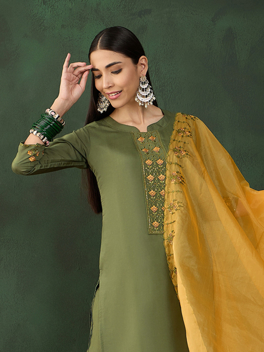 Green Chinon Embroidered Festival Casual Ready Pant Salwar Kameez