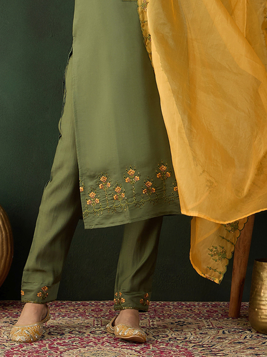 Green Chinon Embroidered Festival Casual Ready Pant Salwar Kameez