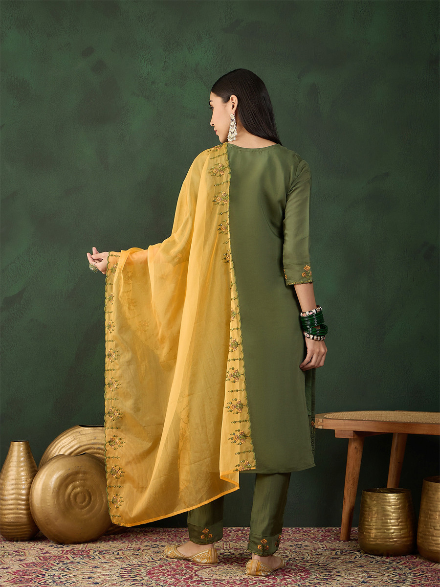 Green Chinon Embroidered Festival Casual Ready Pant Salwar Kameez