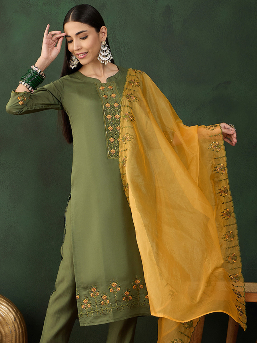 Green Chinon Embroidered Festival Casual Ready Pant Salwar Kameez