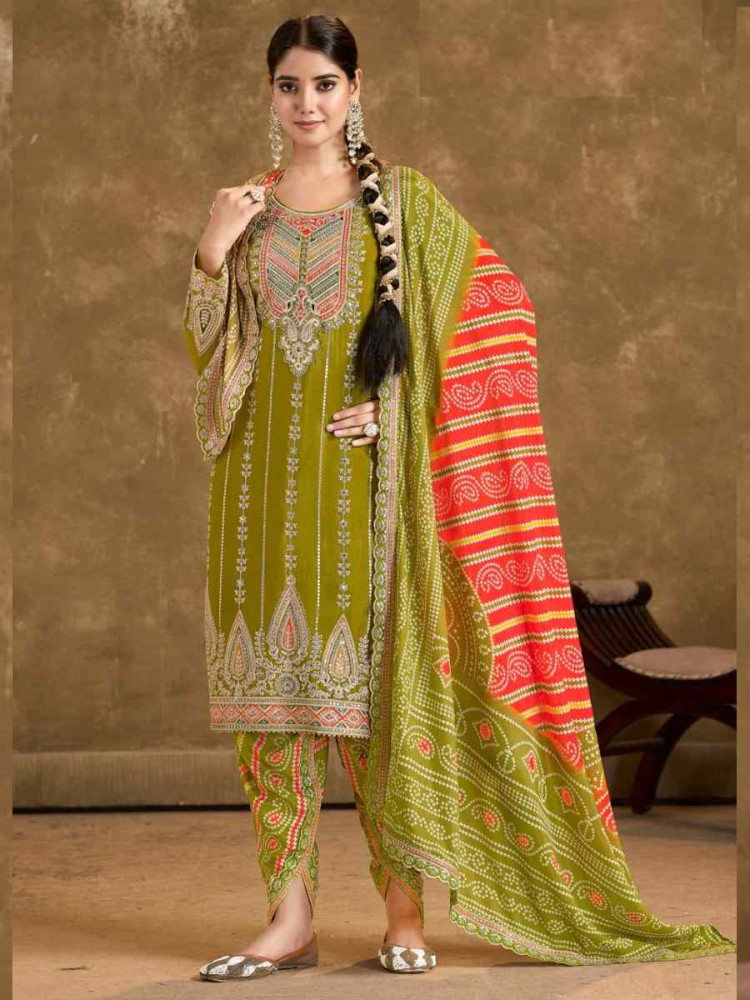 Green Chinon Embroidered Festival Wedding Doti Pant Salwar Kameez