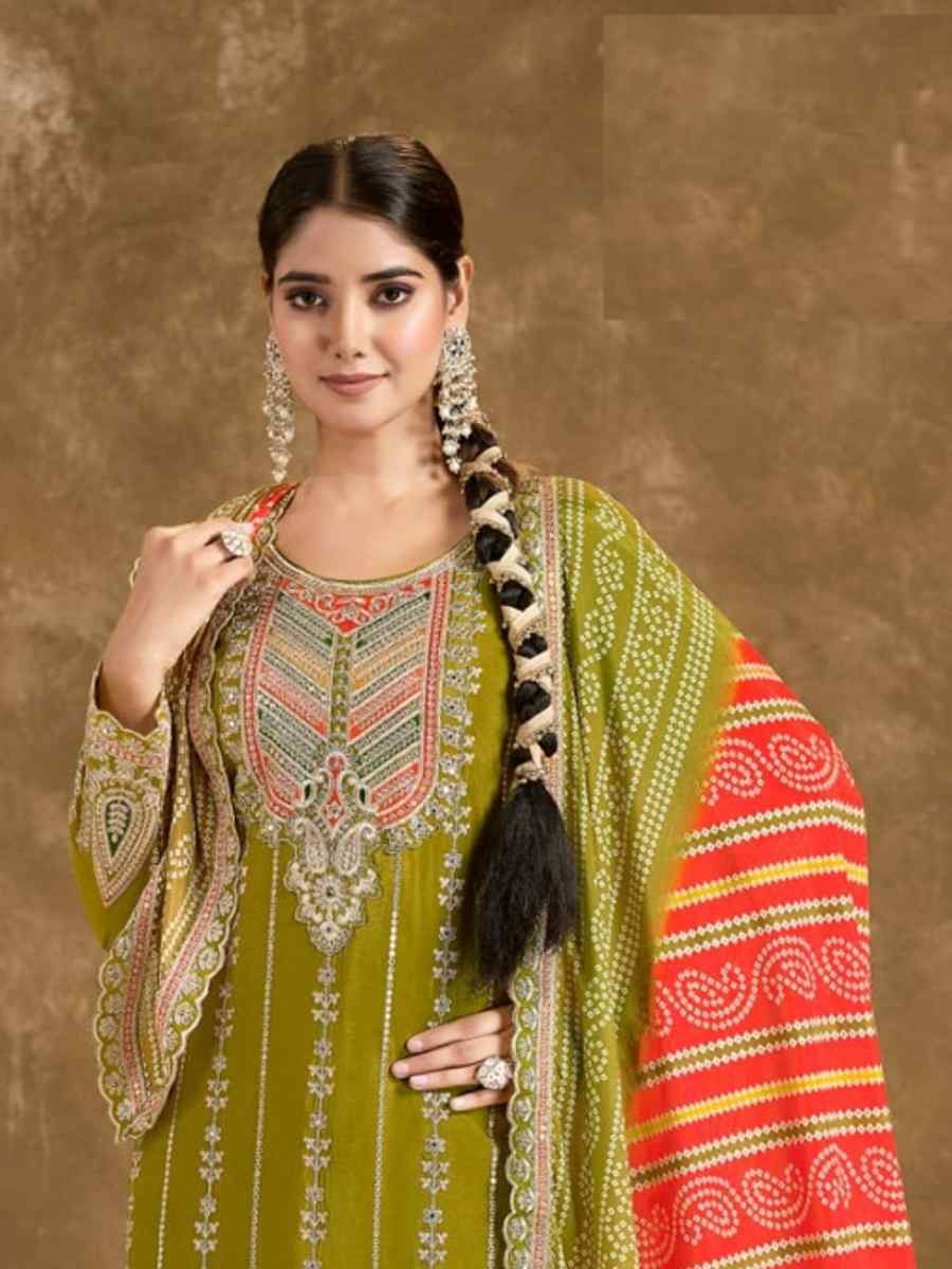 Green Chinon Embroidered Festival Wedding Doti Pant Salwar Kameez