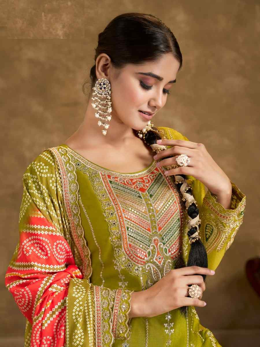 Green Chinon Embroidered Festival Wedding Doti Pant Salwar Kameez