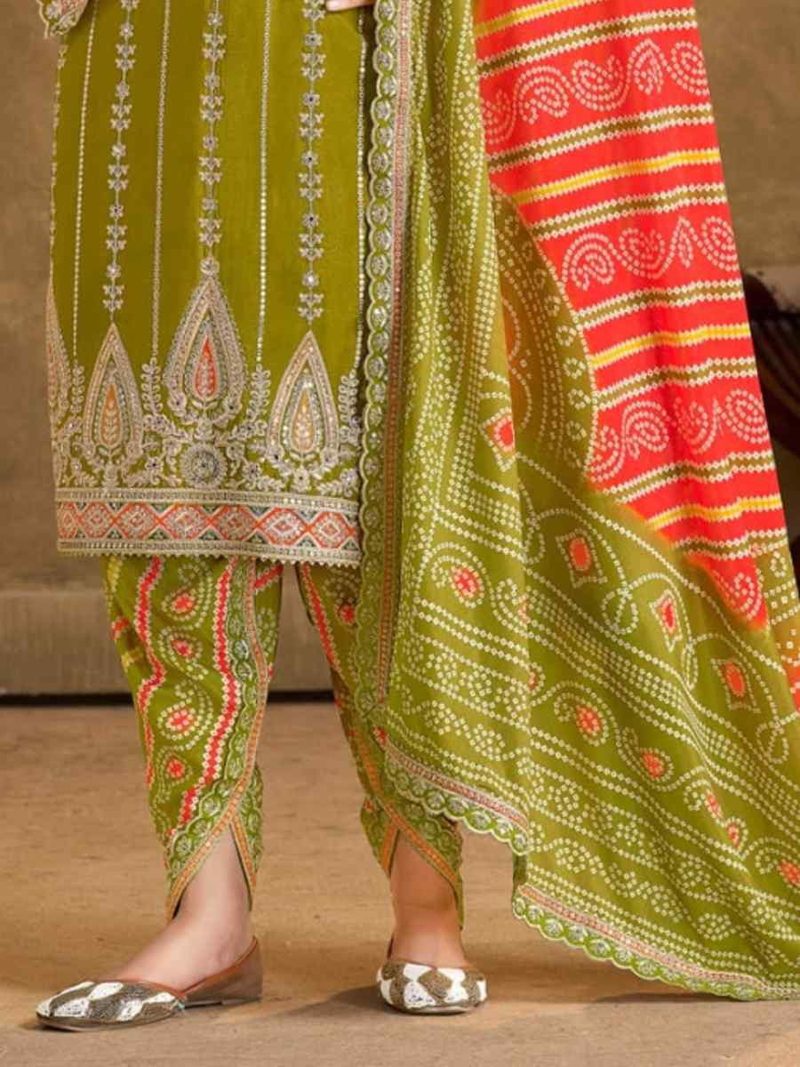 Green Chinon Embroidered Festival Wedding Doti Pant Salwar Kameez