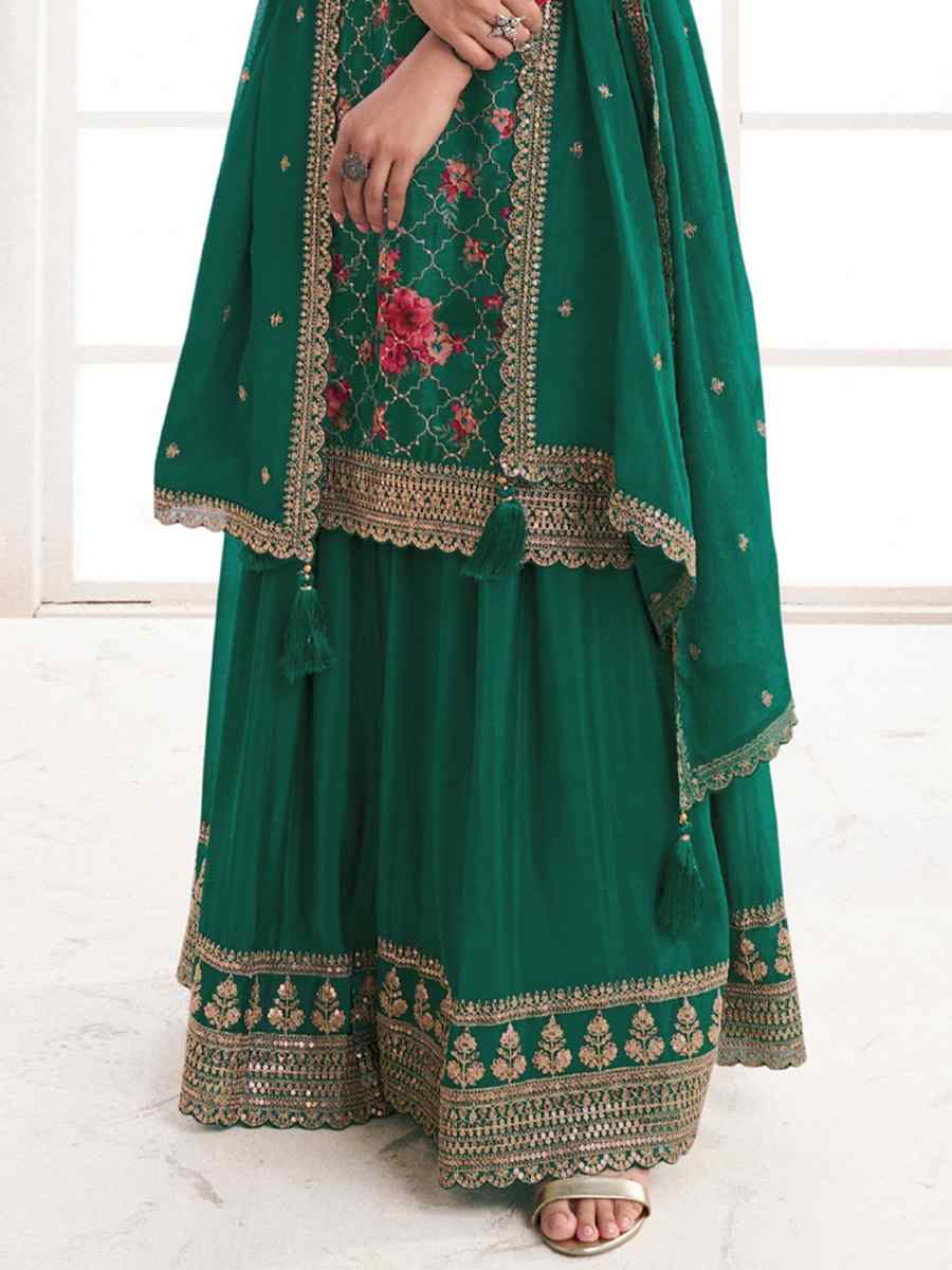 Green Chinon Embroidered Festival Wedding Sharara Pant Salwar Kameez