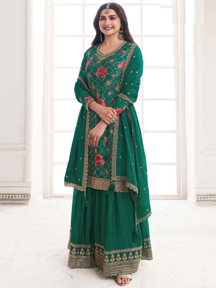 Green Chinon Embroidered Festival Wedding Sharara Pant Salwar Kameez