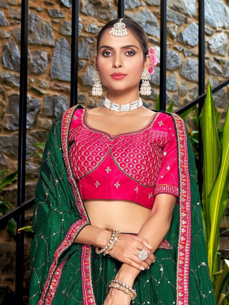 Mint Green Sequin Lehenga with Oyster Floral Blouse & Pink Dupatta |  WaliaJones