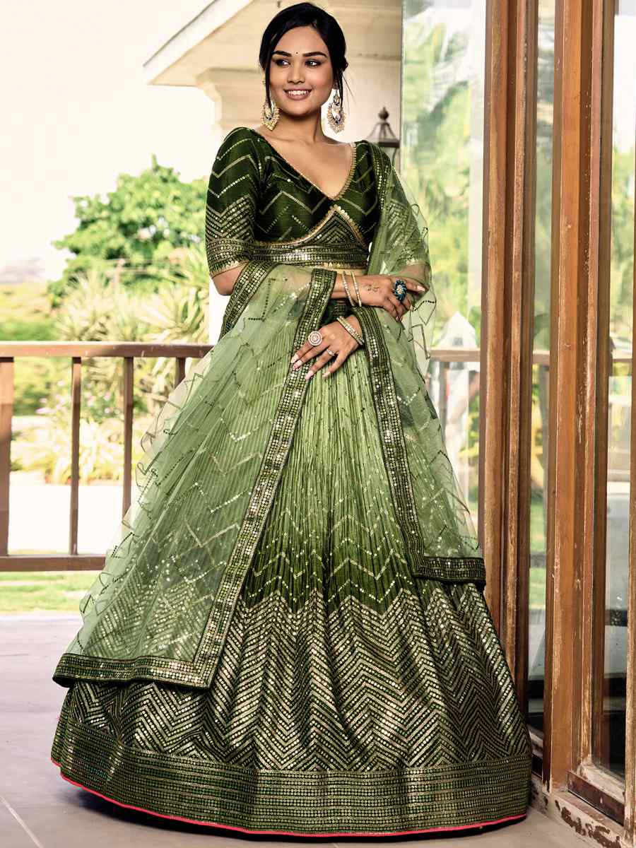 Green Chinon Embroidered Reception Wedding Heavy Border Lehenga Choli