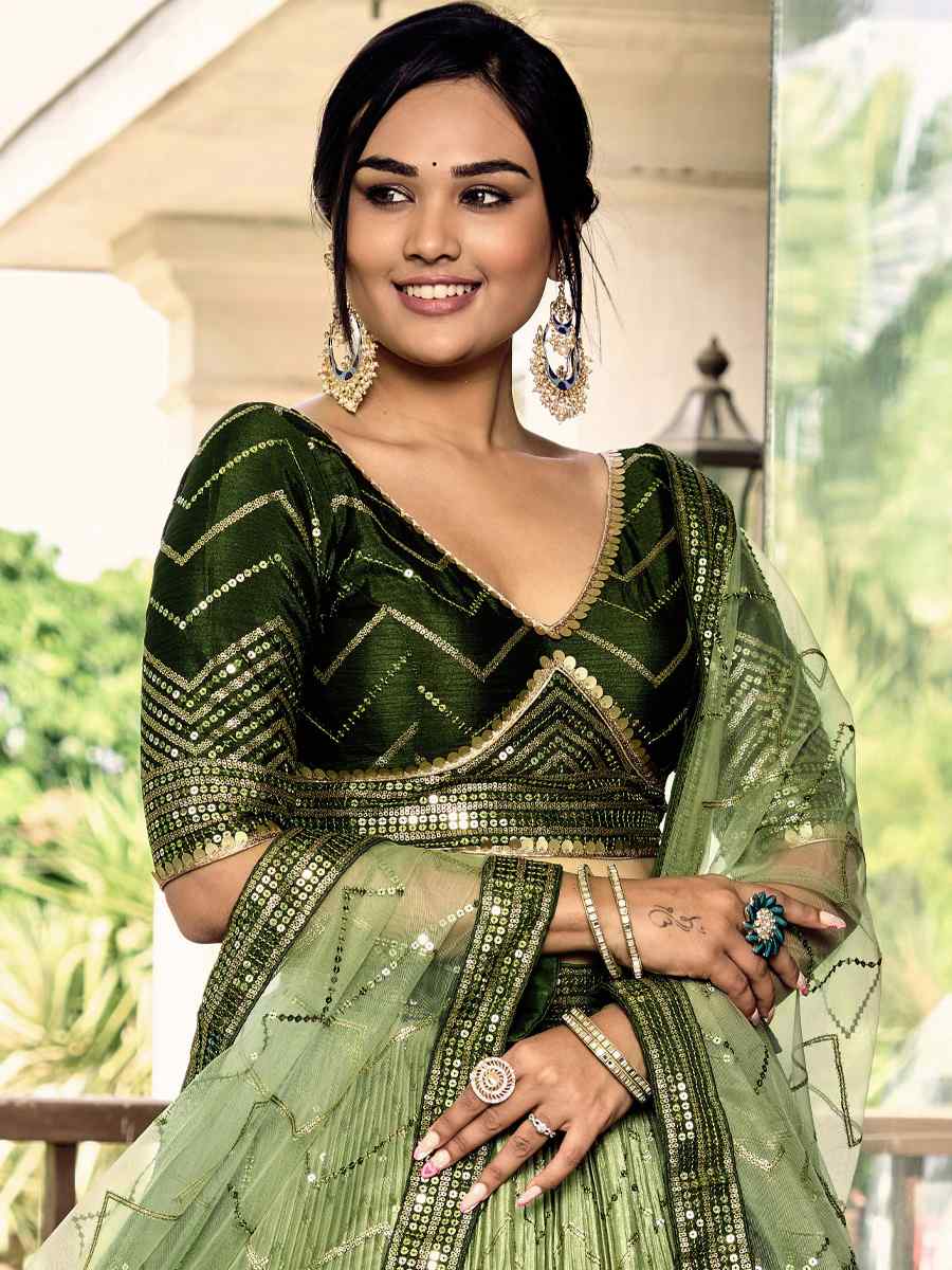 Green Chinon Embroidered Reception Wedding Heavy Border Lehenga Choli