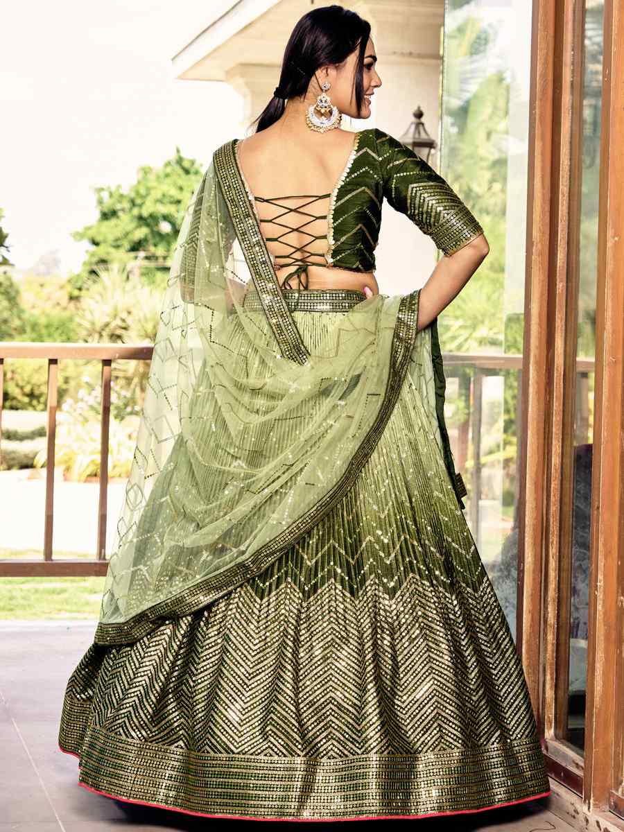 Green Chinon Embroidered Reception Wedding Heavy Border Lehenga Choli