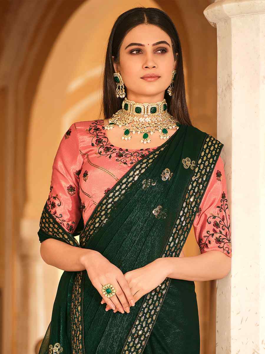 Green Chinon Handwoven Wedding Festival Heavy Border Saree