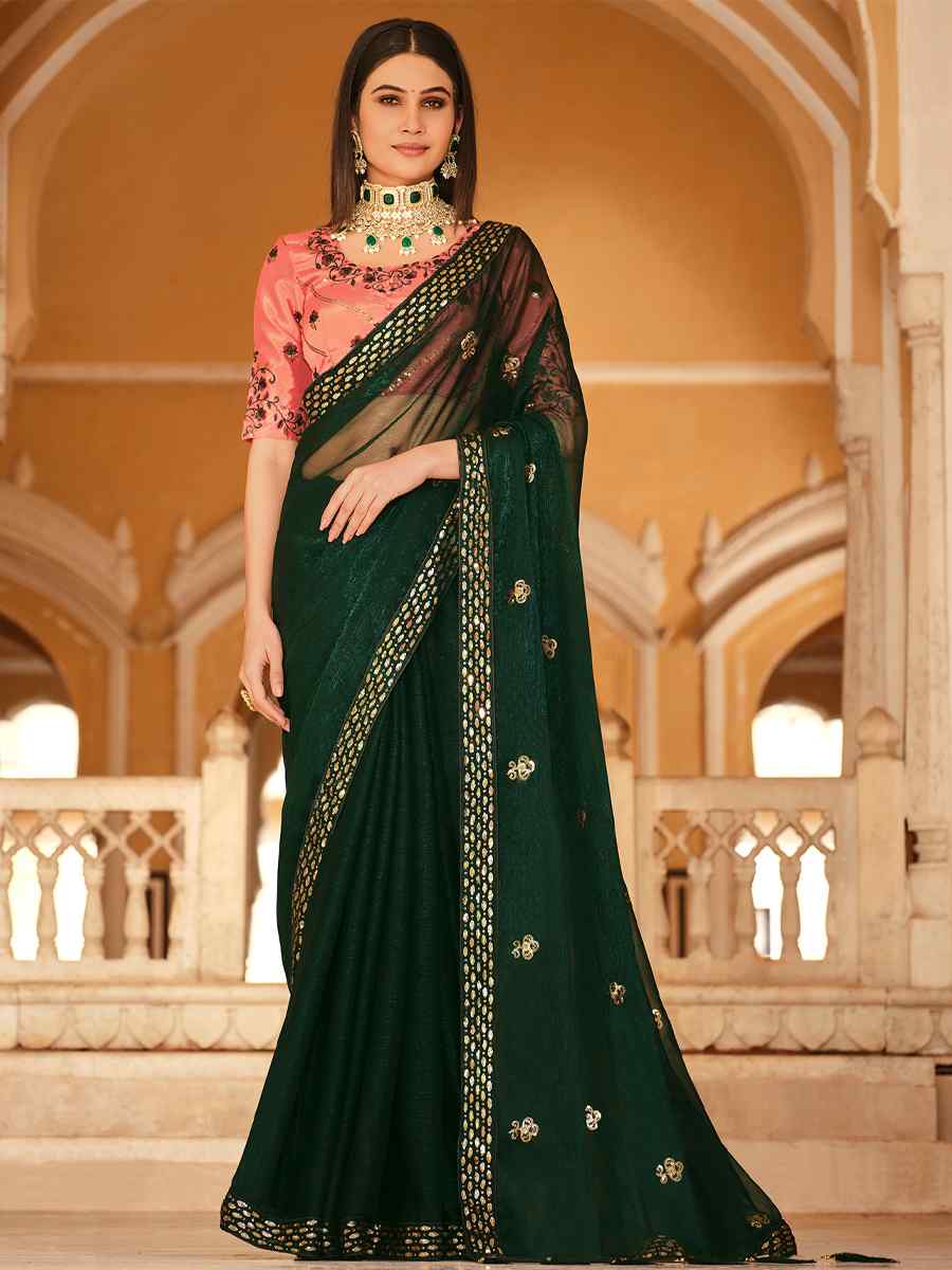 Green Chinon Handwoven Wedding Festival Heavy Border Saree