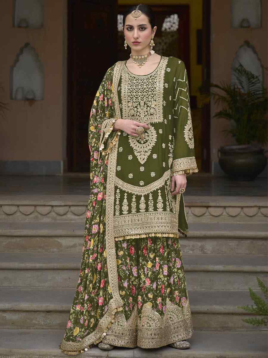 Green Chinon Silk Embroidered Festival Wedding Palazzo Pant Salwar Kameez